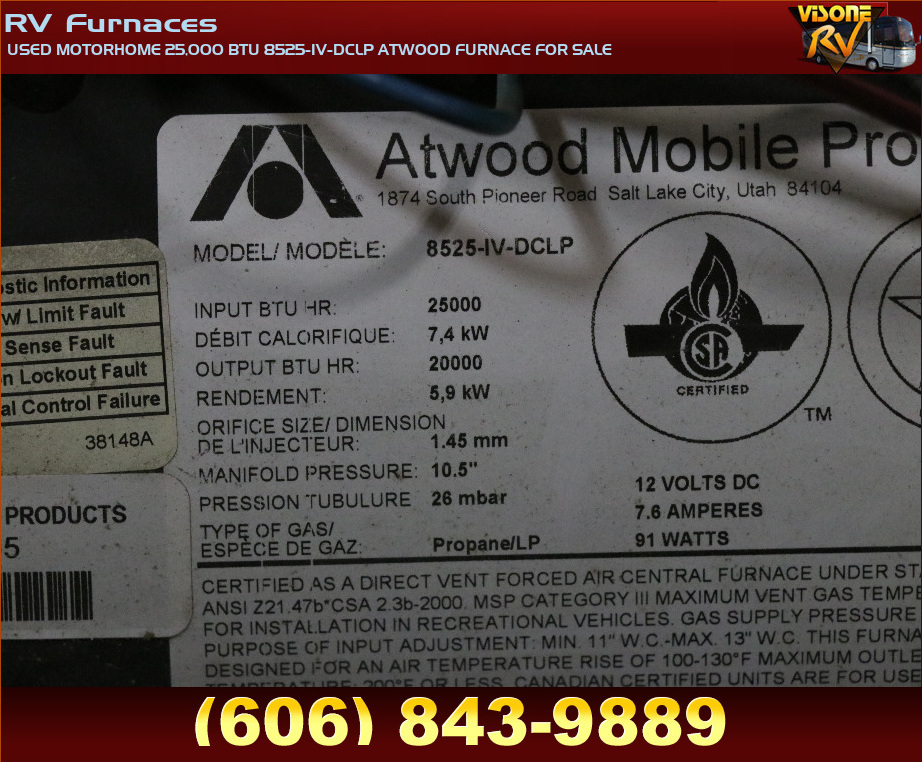 RV Appliances USED MOTORHOME 25,000 BTU 8525IVDCLP ATWOOD FURNACE FOR