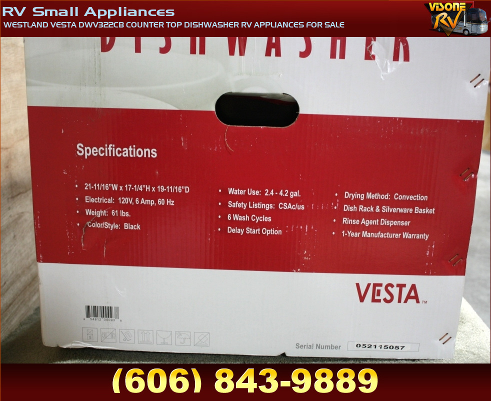 RV Appliances WESTLAND VESTA DWV322CB COUNTER TOP DISHWASHER RV