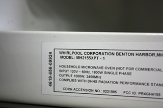 USED RV WHIRLPOOL MICROWAVE OVEN MH2155XPT-1 FOR SALE